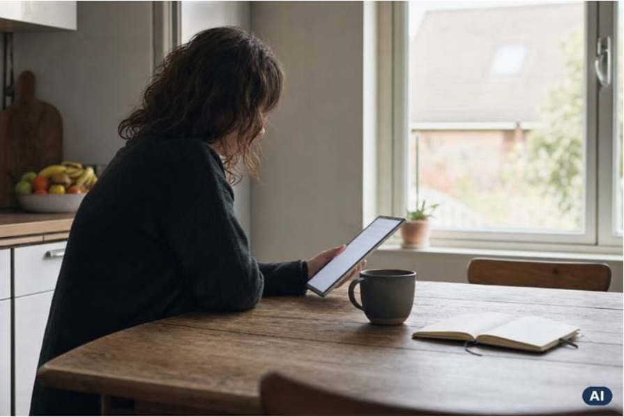 A person at a kitchen table reading a government website on a tablet, morning light through the window. (AI generated image)
